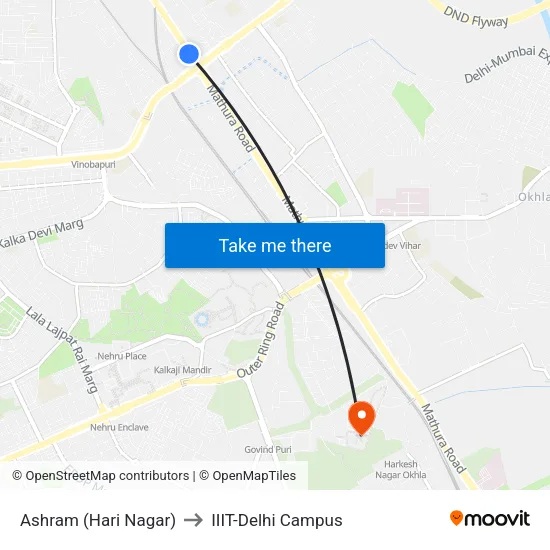 Ashram (Hari Nagar) to IIIT-Delhi Campus map