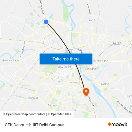 GTK Depot to IIIT-Delhi Campus map