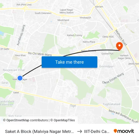 Saket A Block (Malviya Nagar Metro Station) to IIIT-Delhi Campus map