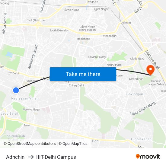 Adhchini to IIIT-Delhi Campus map