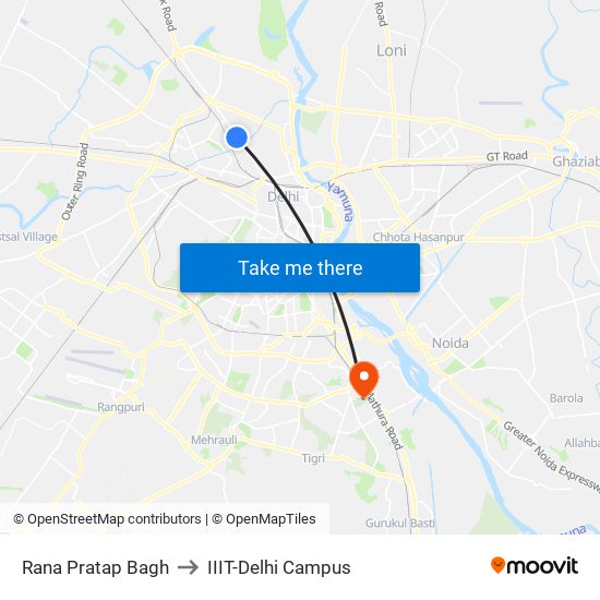 Rana Pratap Bagh to IIIT-Delhi Campus map