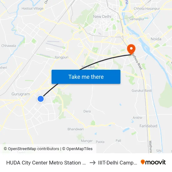 HUDA City Center Metro Station (B) to IIIT-Delhi Campus map