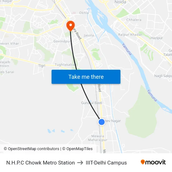 N.H.P.C Chowk Metro Station to IIIT-Delhi Campus map