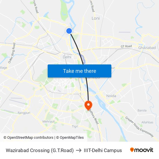 Wazirabad Crossing (G.T.Road) to IIIT-Delhi Campus map