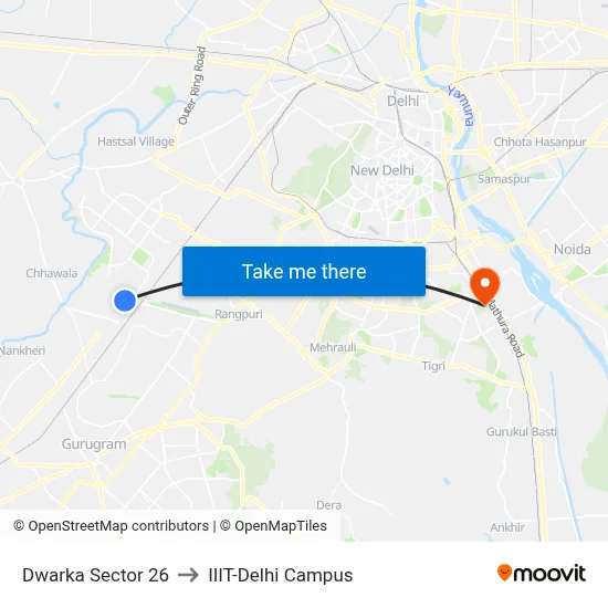 Dwarka Sector 26 to IIIT-Delhi Campus map