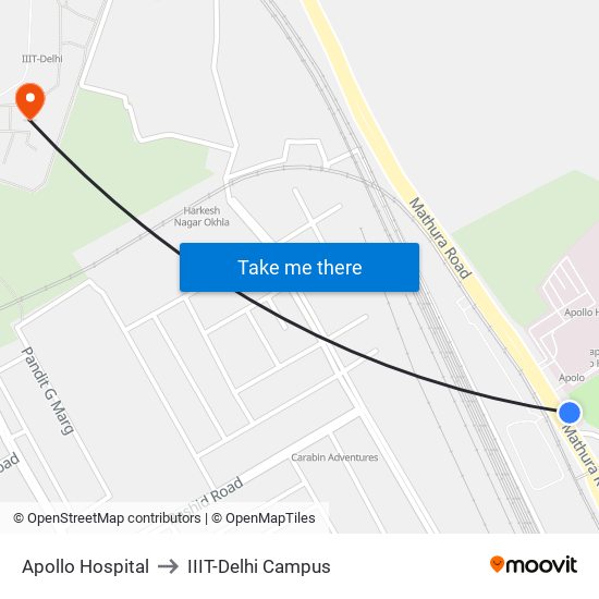 Apollo Hospital to IIIT-Delhi Campus map