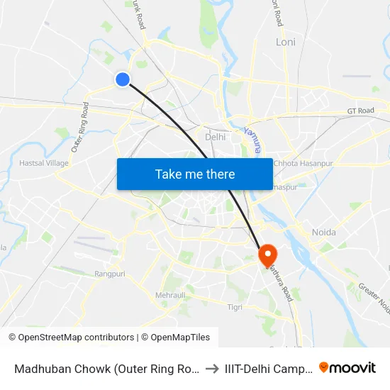 Madhuban Chowk (Outer Ring Road) to IIIT-Delhi Campus map