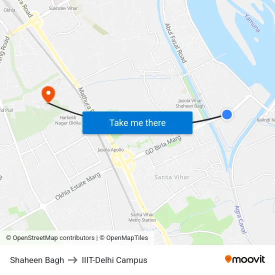 Shaheen Bagh to IIIT-Delhi Campus map