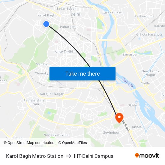 Karol Bagh Metro Station to IIIT-Delhi Campus map