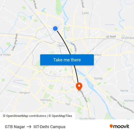 GTB Nagar to IIIT-Delhi Campus map