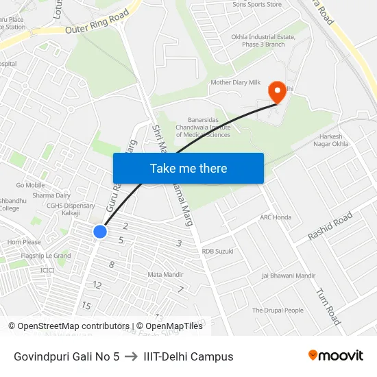 Govindpuri Gali No 5 to IIIT-Delhi Campus map