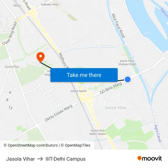 Jasola Vihar to IIIT-Delhi Campus map