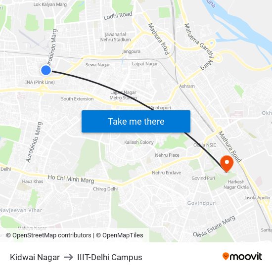 Kidwai Nagar to IIIT-Delhi Campus map