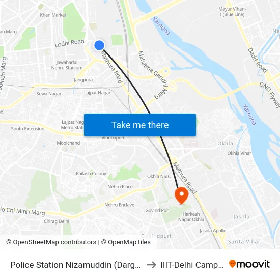 Police Station Nizamuddin (Dargah) to IIIT-Delhi Campus map