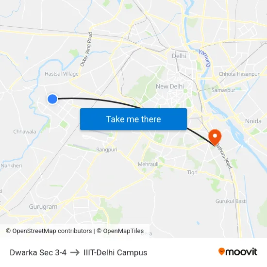 Dwarka Sec 3-4 to IIIT-Delhi Campus map