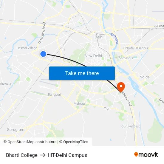 Bharti College to IIIT-Delhi Campus map