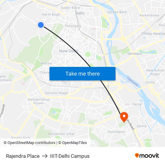 Rajendra Place to IIIT-Delhi Campus map