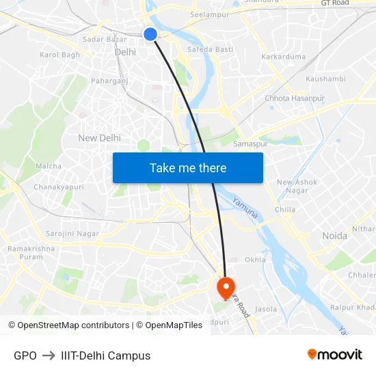 GPO to IIIT-Delhi Campus map