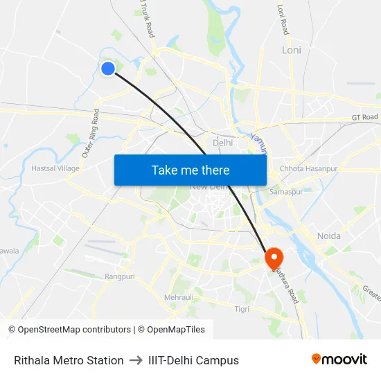 Rithala Metro Station to IIIT-Delhi Campus map