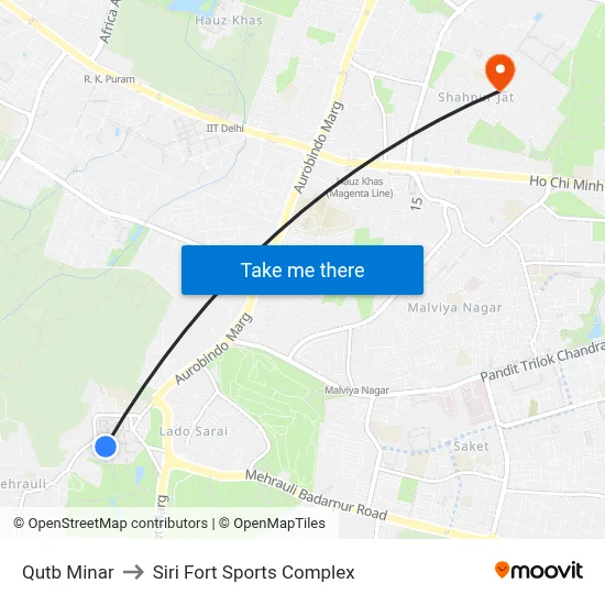 Qutb Minar to Siri Fort Sports Complex map