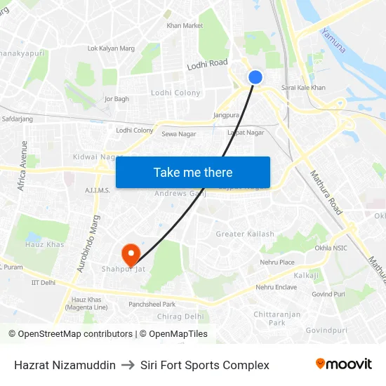 Hazrat Nizamuddin to Siri Fort Sports Complex map
