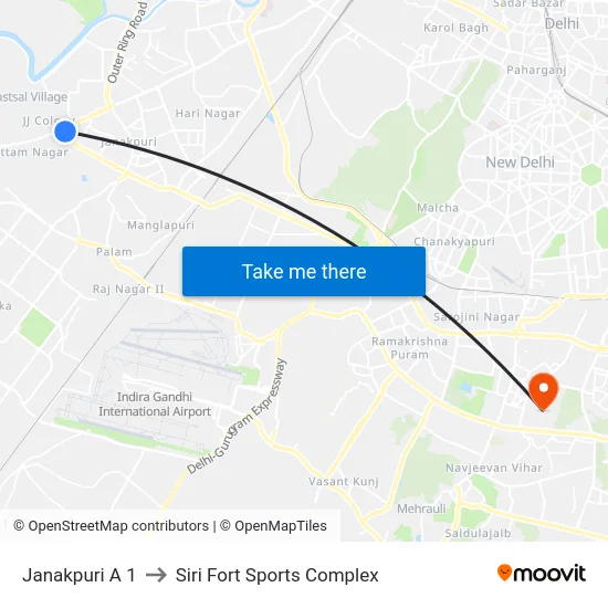 Janakpuri A 1 to Siri Fort Sports Complex map