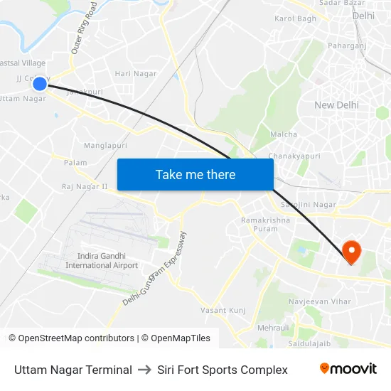 Uttam Nagar Terminal to Siri Fort Sports Complex map