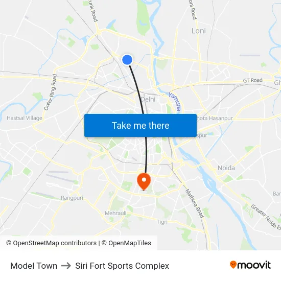 Model Town to Siri Fort Sports Complex map