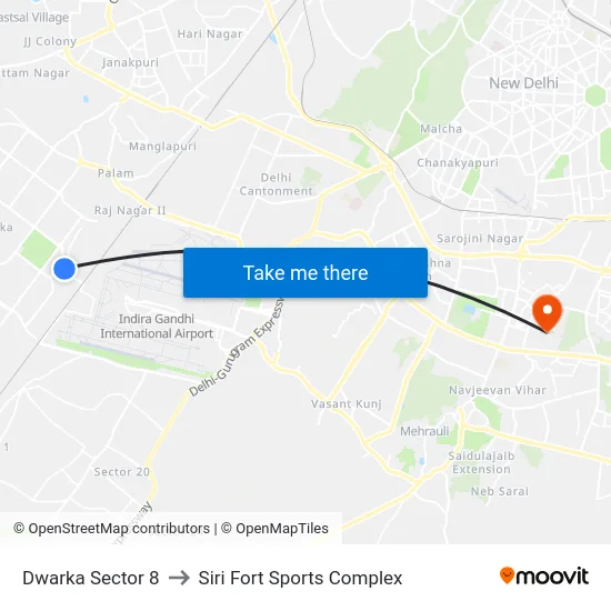 Dwarka Sector 8 to Siri Fort Sports Complex map