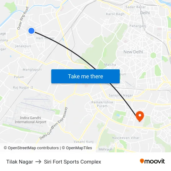 Tilak Nagar to Siri Fort Sports Complex map