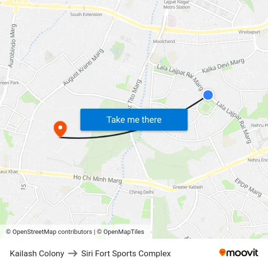 Kailash Colony to Siri Fort Sports Complex map