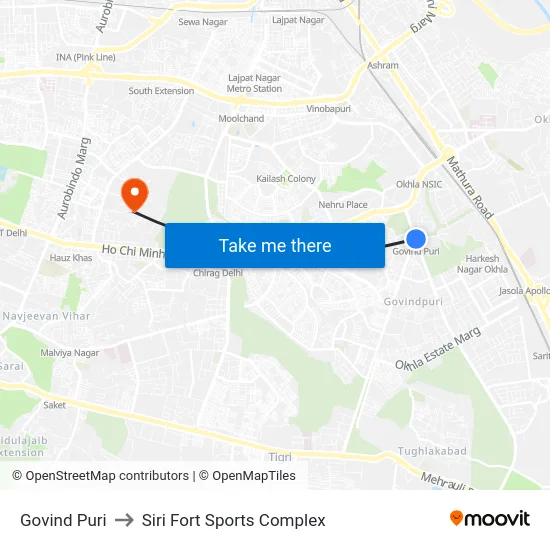 Govind Puri to Siri Fort Sports Complex map