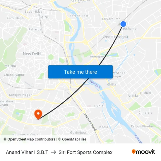 Anand Vihar I.S.B.T to Siri Fort Sports Complex map