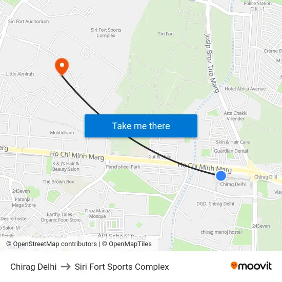 Chirag Delhi to Siri Fort Sports Complex map