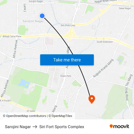 Sarojini Nagar to Siri Fort Sports Complex map