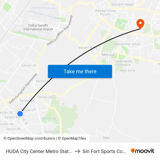 HUDA City Center Metro Station (B) to Siri Fort Sports Complex map