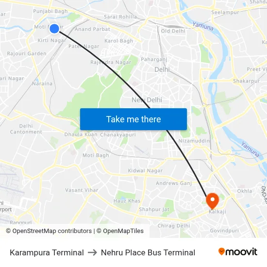 Karampura Terminal to Nehru Place Bus Terminal map