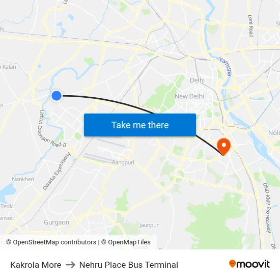 Kakrola More to Nehru Place Bus Terminal map