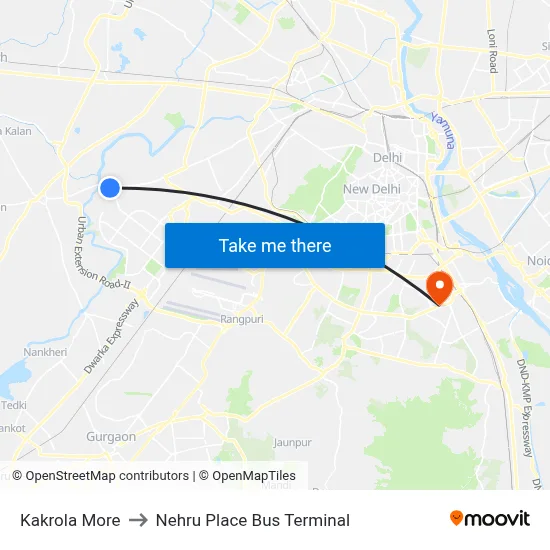 Kakrola More to Nehru Place Bus Terminal map
