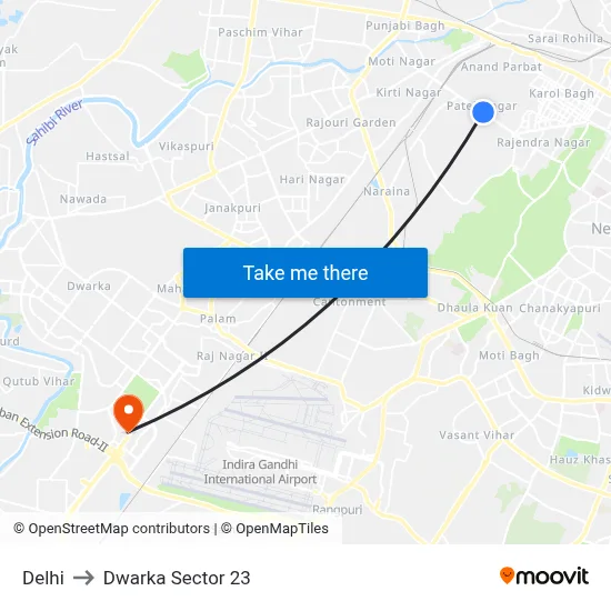Delhi to Dwarka Sector 23 map