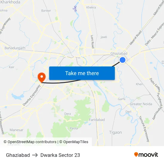 Ghaziabad to Dwarka Sector 23 map