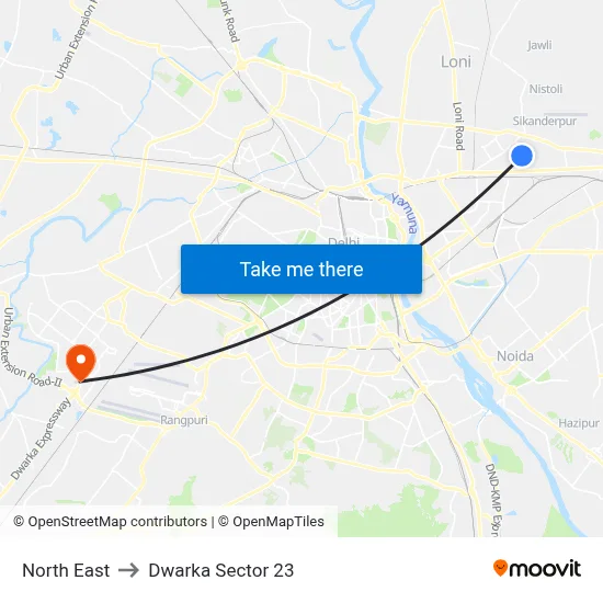 North East to Dwarka Sector 23 map