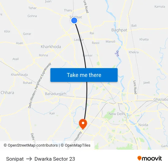 Sonipat to Dwarka Sector 23 map