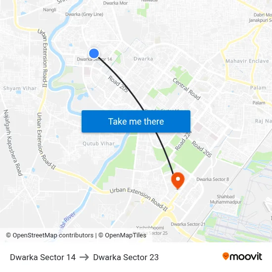 Dwarka Sector 14 to Dwarka Sector 23 map