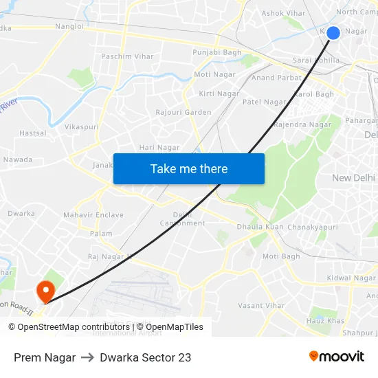 Prem Nagar to Dwarka Sector 23 map