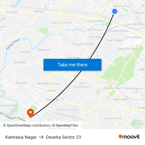 Kanhaiya Nagar to Dwarka Sector 23 map