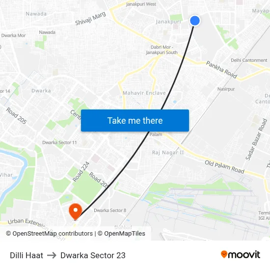 Dilli Haat to Dwarka Sector 23 map