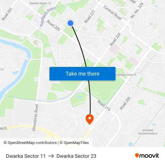 Dwarka Sector 11 to Dwarka Sector 23 map