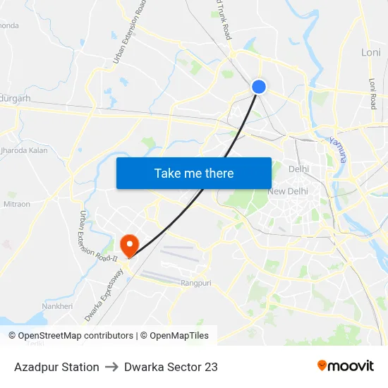 Azadpur Station to Dwarka Sector 23 map