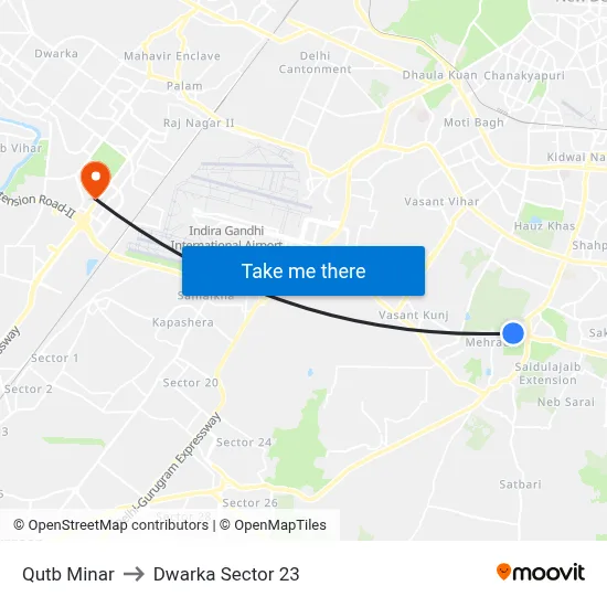 Qutb Minar to Dwarka Sector 23 map